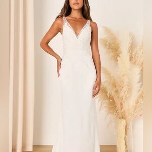 🔷 Precious Promise White Satin Embroidered Lace Mermaid Maxi Dress